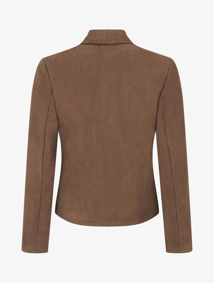Faux Suede Jacket with Straight Collar and Zip - Brown