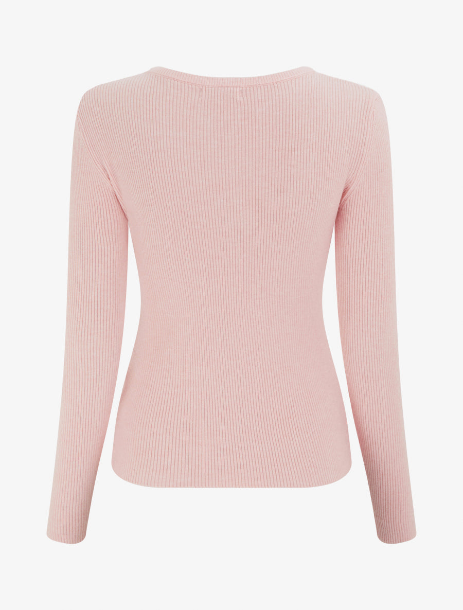 Ribbed V-Neck Sweater with Jewel Detail - Pink