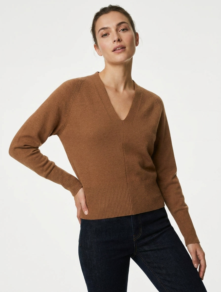 Fitted Ribbed Knit V-Neck Sweater