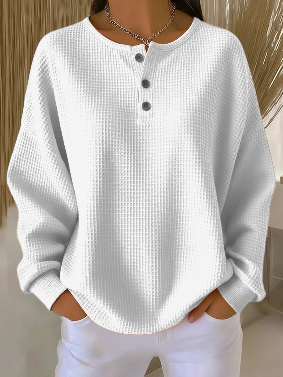 Solid-Coloured Waffle-Knit Pullover with Buttons
