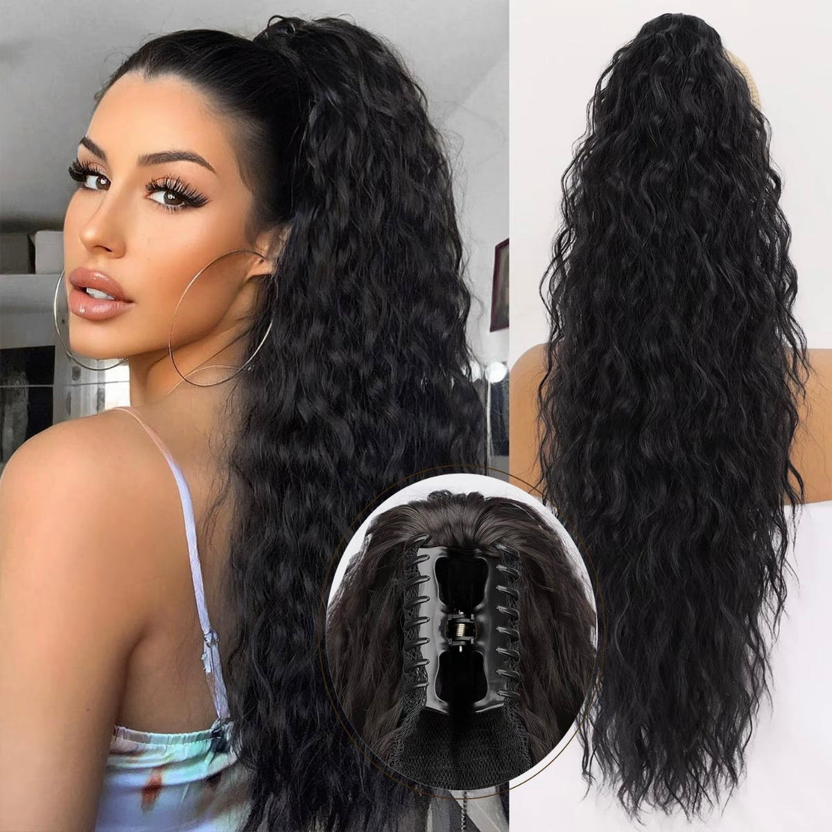 Long Wavy Ponytail Hairpiece (Water Wave) – Full Ponytail with Clip for Everyday and Party
