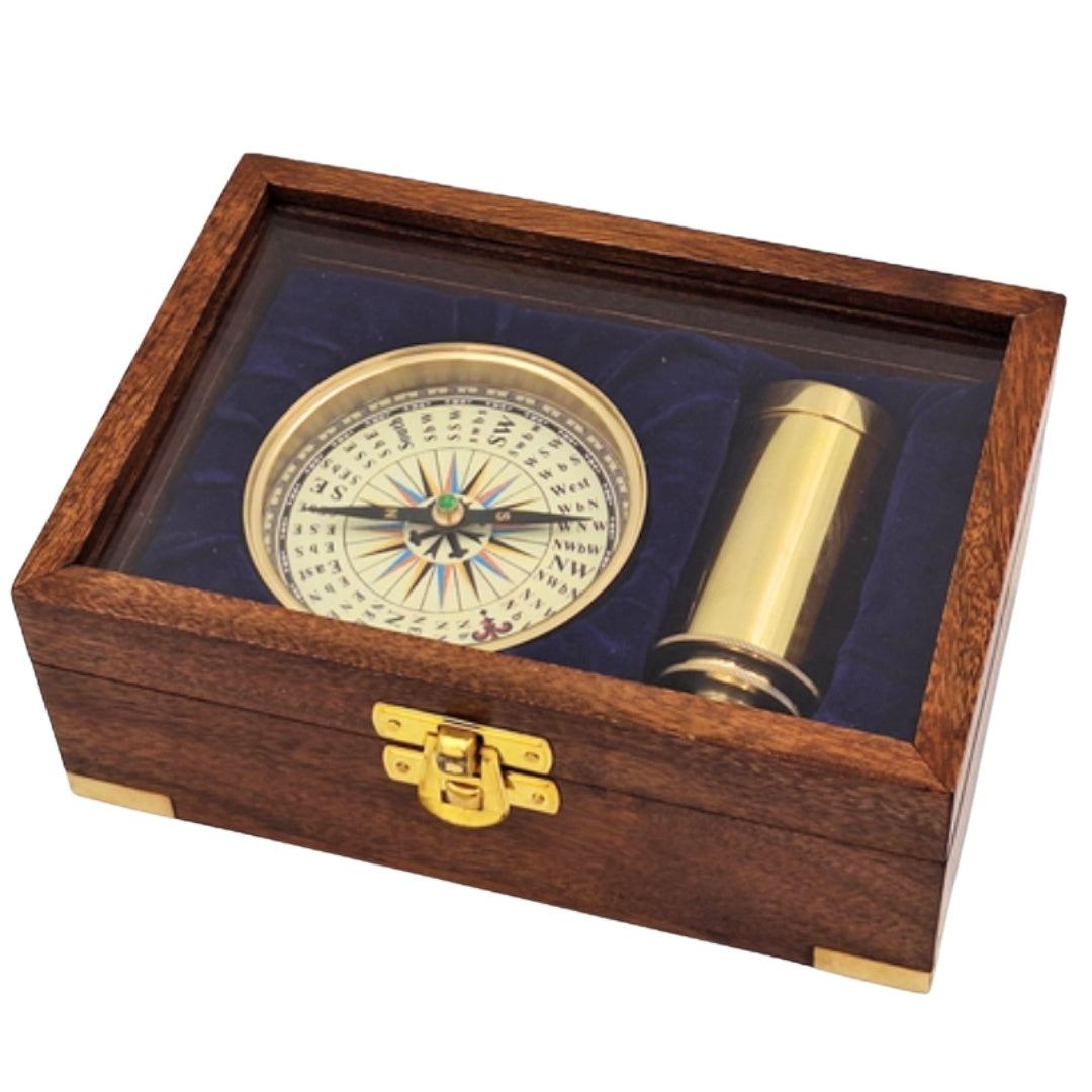 Gift Set with Brass Compass and Telescope in Elegant Wooden Box with Engraving