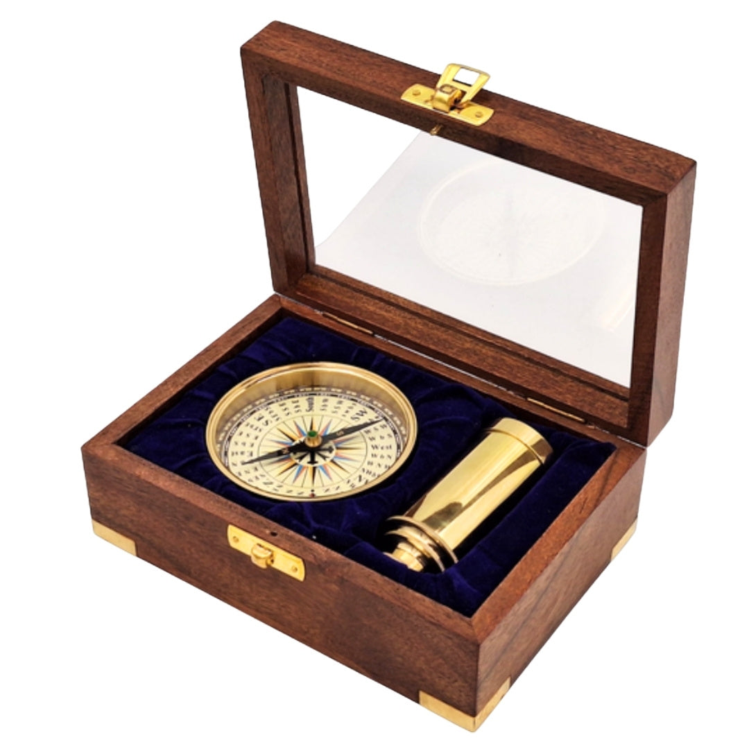 Gift Set with Brass Compass and Telescope in Elegant Wooden Box with Engraving
