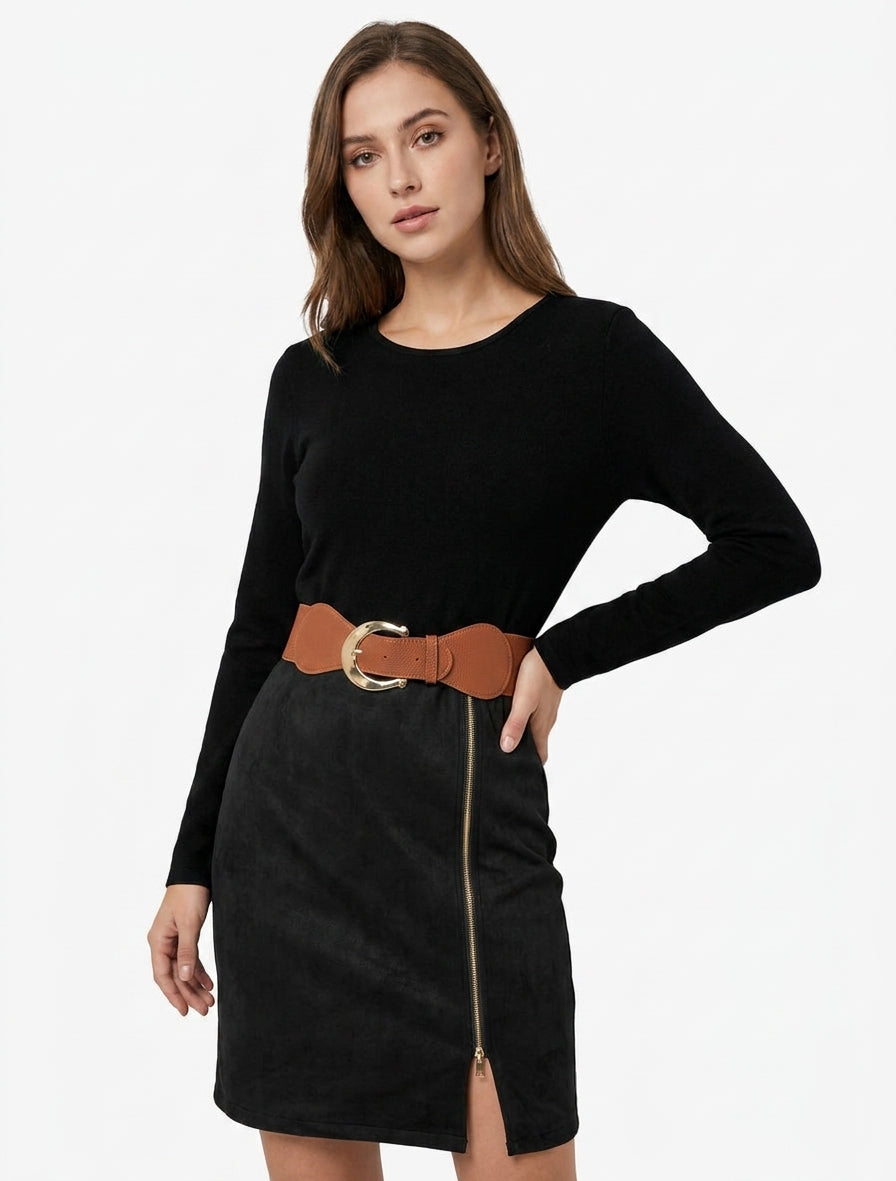 Two-Tone Belted Straight Dress