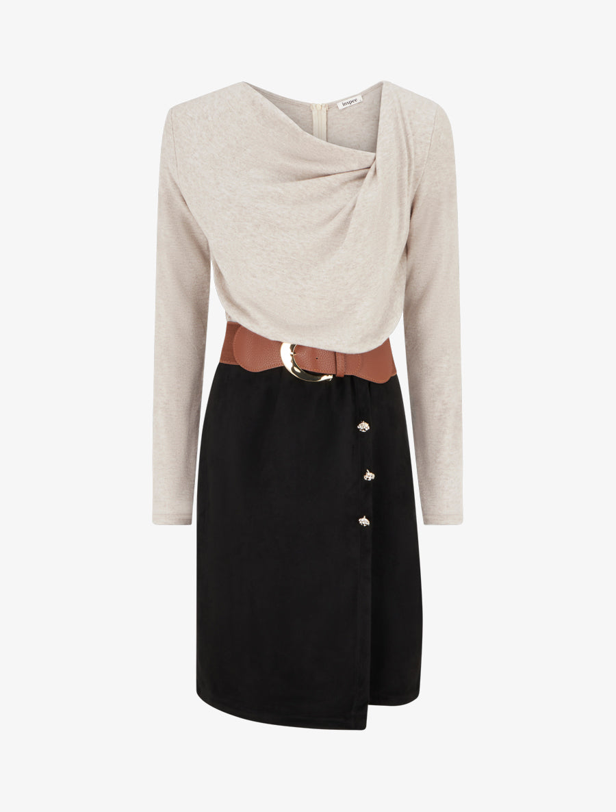 Two-Material Dress with Cowl Neck