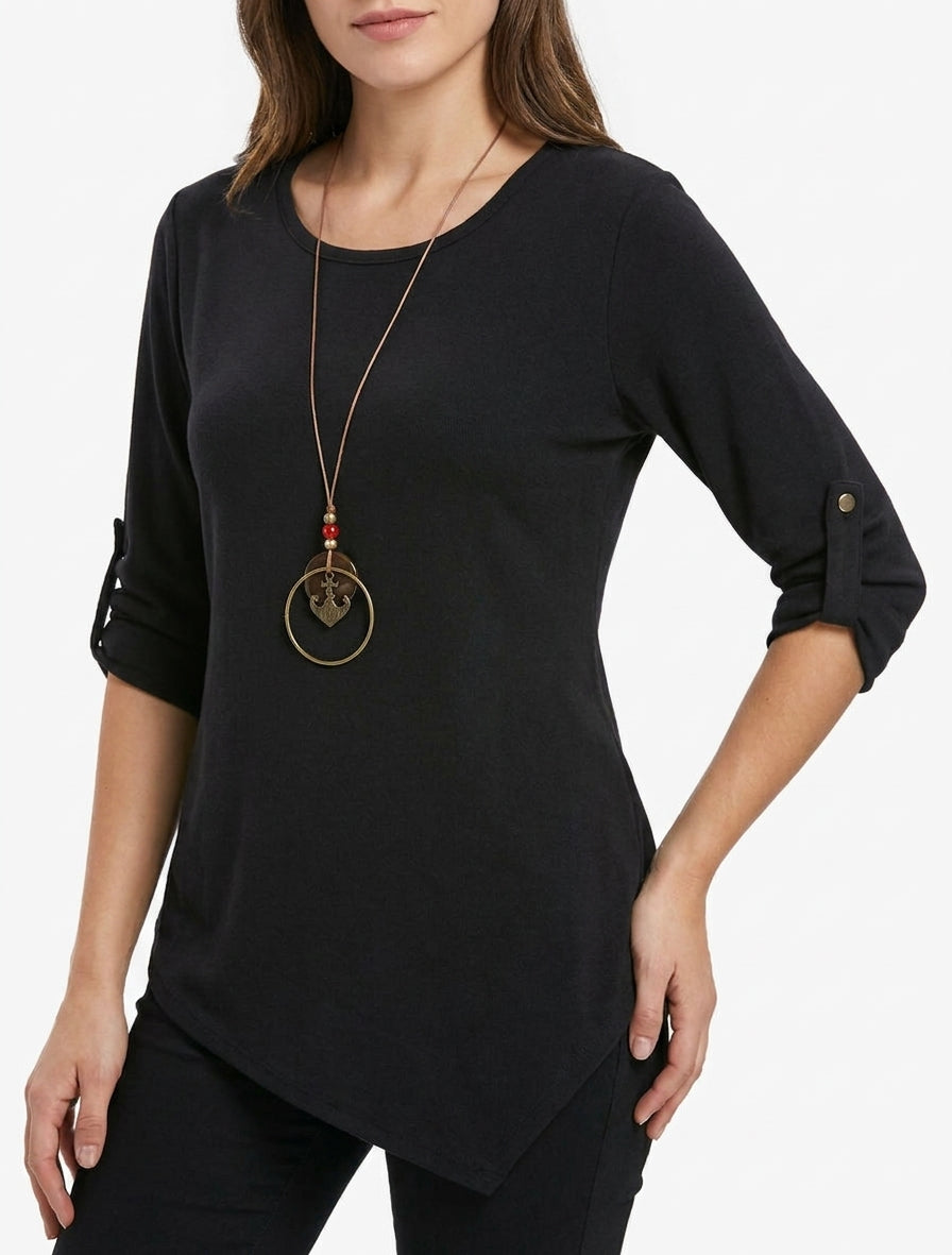 Asymmetric Round Neck Sweater - Black
