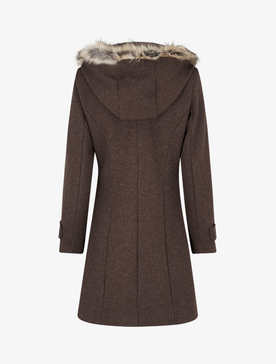Long Hooded Coat with Fur - Chocolate