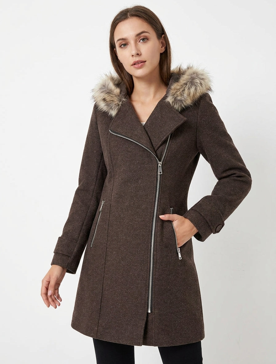 Long Hooded Coat with Fur - Chocolate