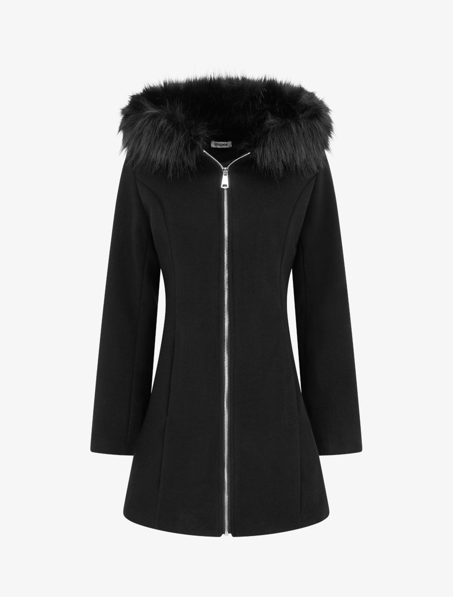 Long Coat with Shoulder Pads and Hood - Black