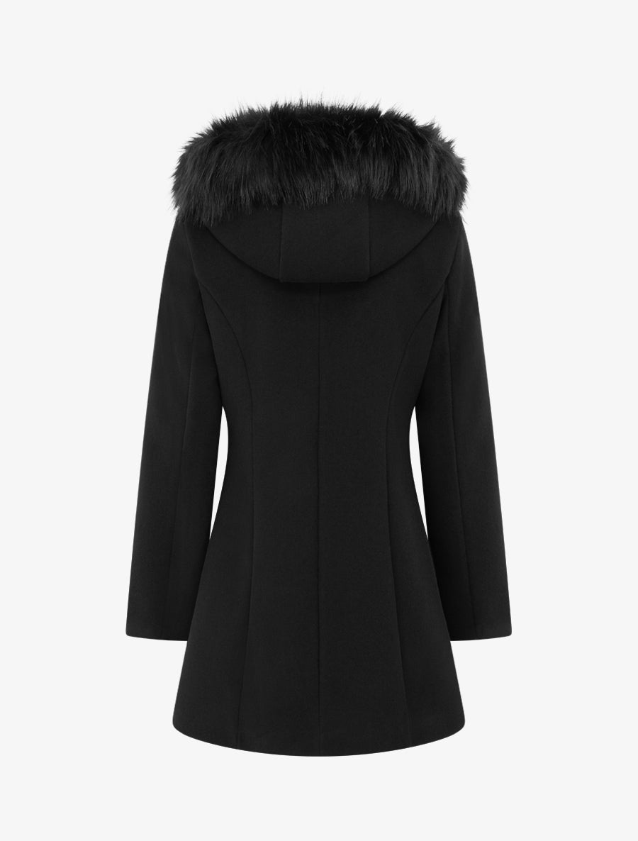 Long Coat with Shoulder Pads and Hood - Black