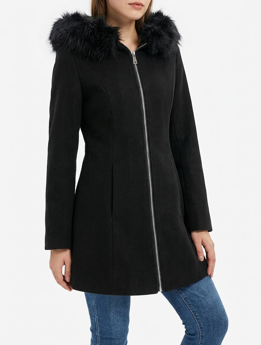 Long Coat with Shoulder Pads and Hood - Black
