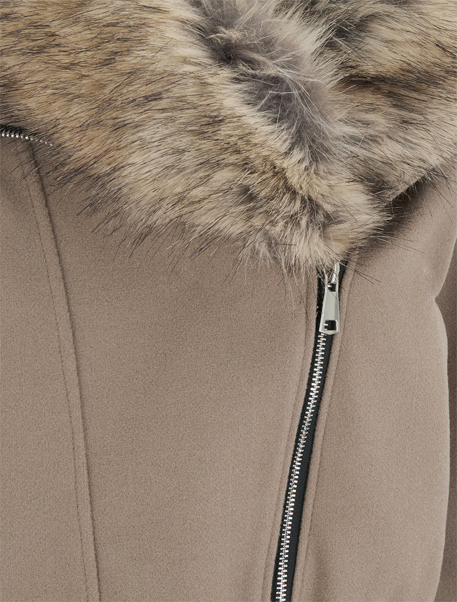 Straight Biker Jacket with Removable Fur - Taupe