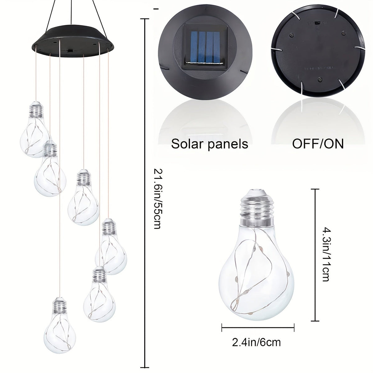 Solar Light Bulb Wind Chime with Color Changing LEDs, 21.6 in