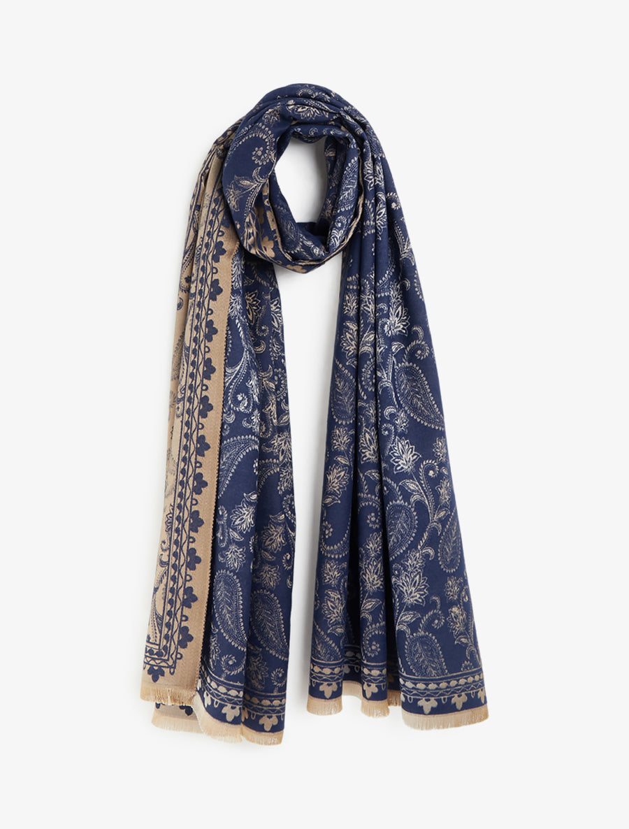 Fringed Scarf with Cashmere Print - Navy