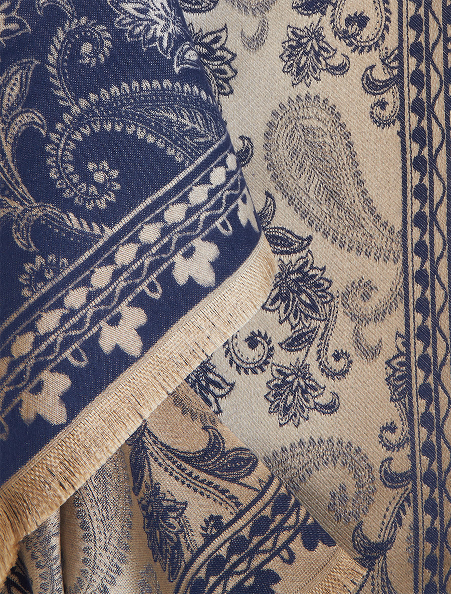 Fringed Scarf with Cashmere Print - Navy