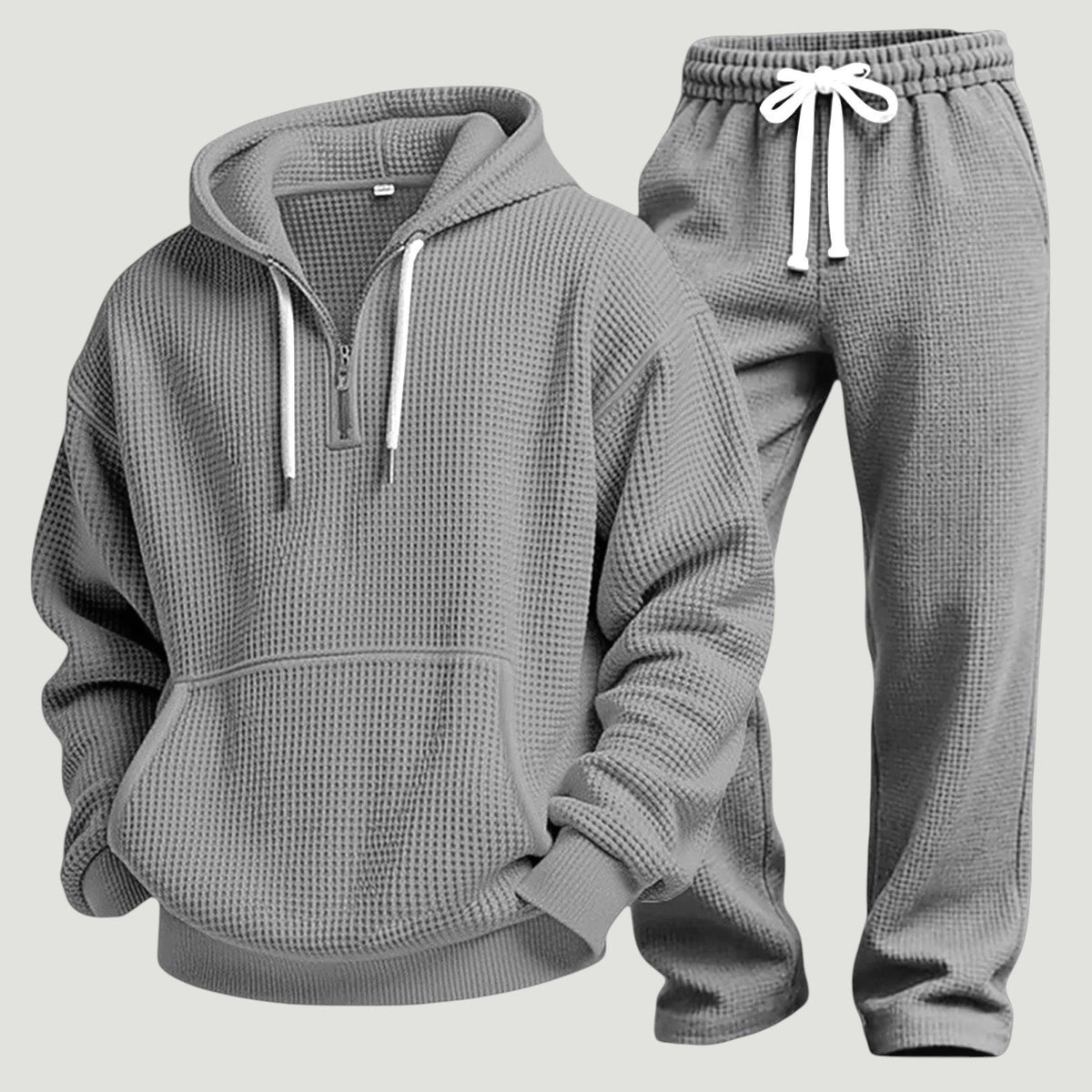 Men's Waffle-Knit Tracksuit – Relaxed Half-Zip Hoodie and Joggers for Travel and Lounging