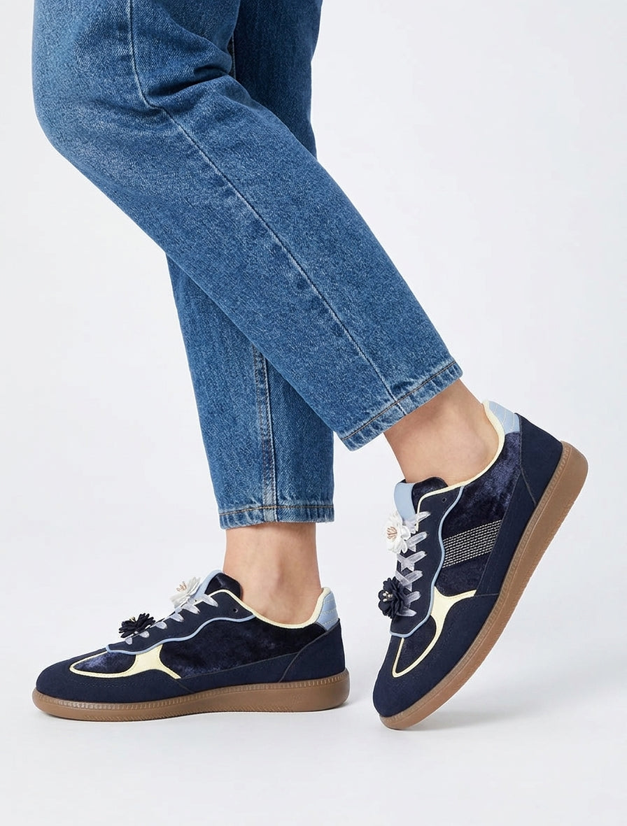 Velvet Sneakers with Decorative Flowers - Navy