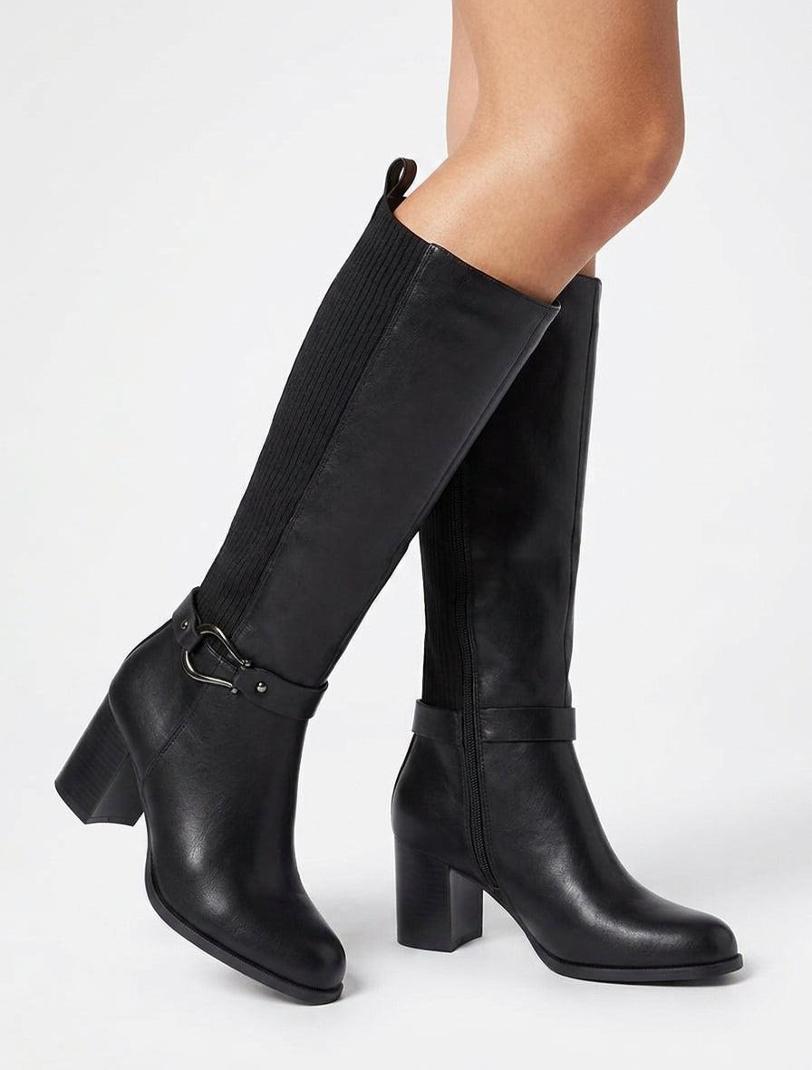 Two-Tone Block Heel Boots - Black
