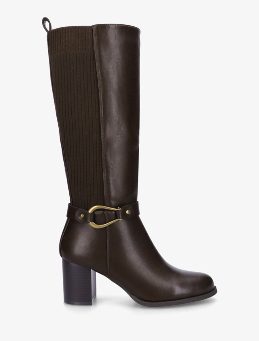 Two-Material Block Heel Boots - Brown