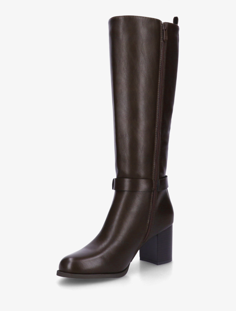 Two-Material Block Heel Boots - Brown