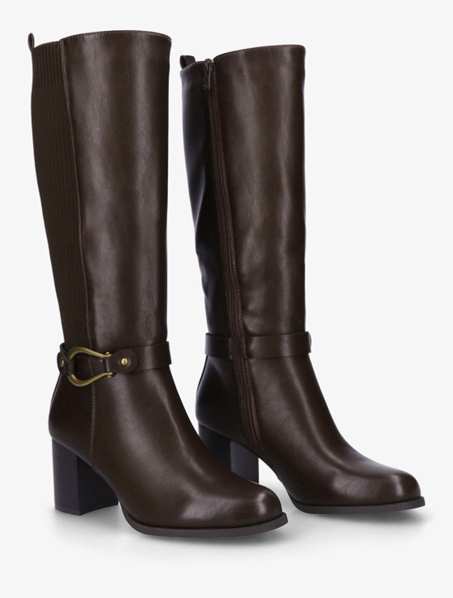 Two-Material Block Heel Boots - Brown