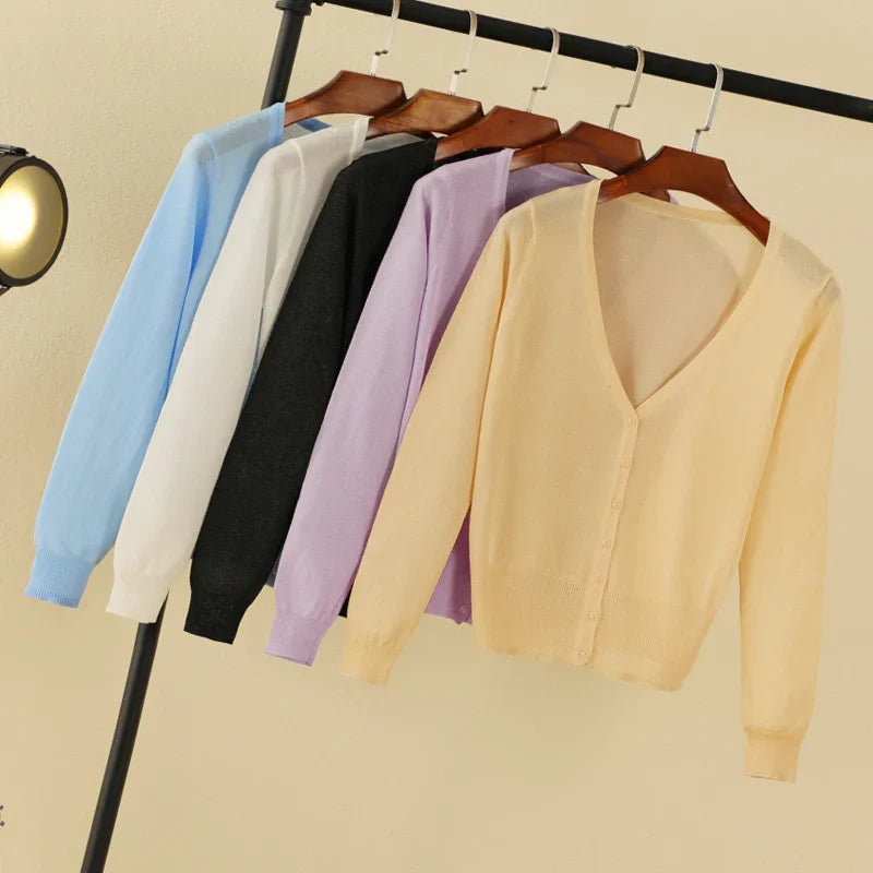 Women's lightweight semi-sheer cropped cardigan with V-neck