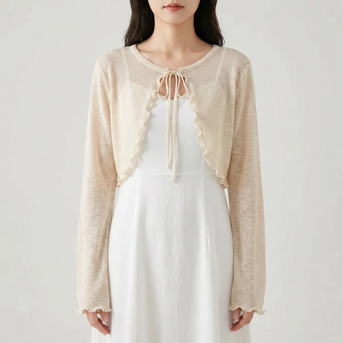 Women's cropped cardigan sheer knit fabric tie front long sleeves