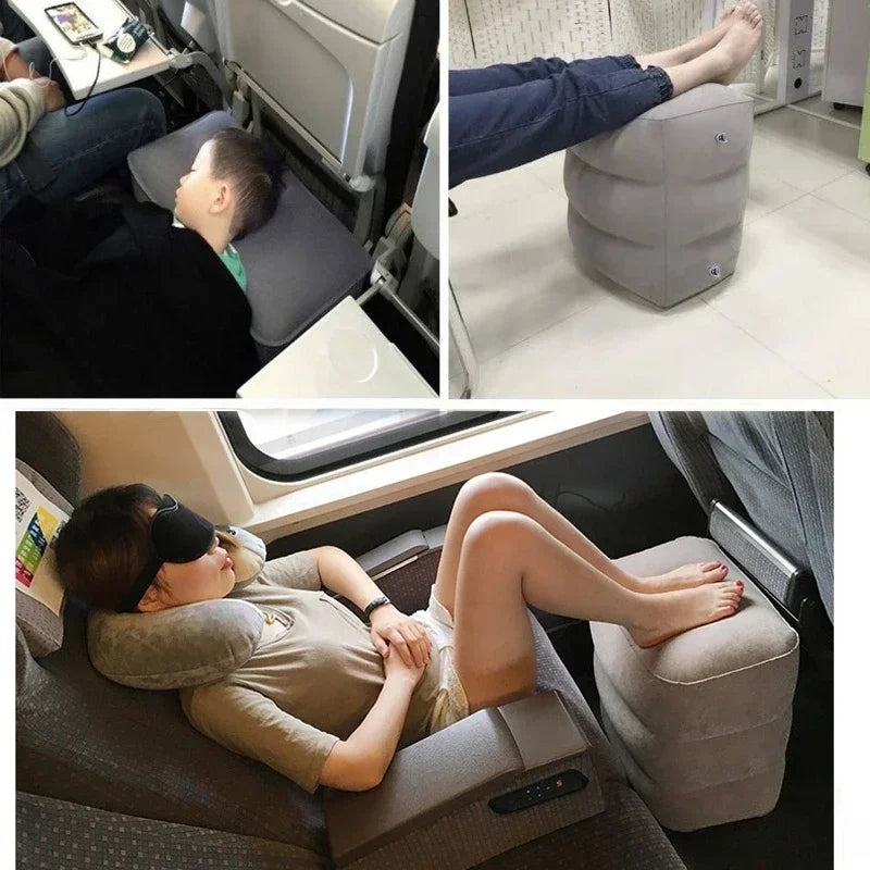 Inflatable travel footrest pillow with adjustable firmness for leg support