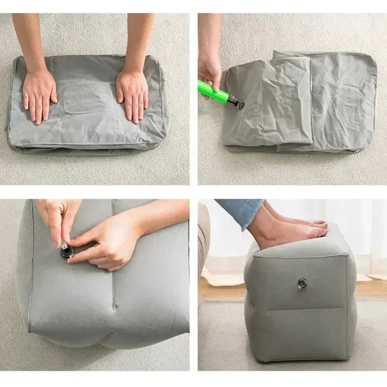Inflatable travel footrest pillow with adjustable firmness for leg support