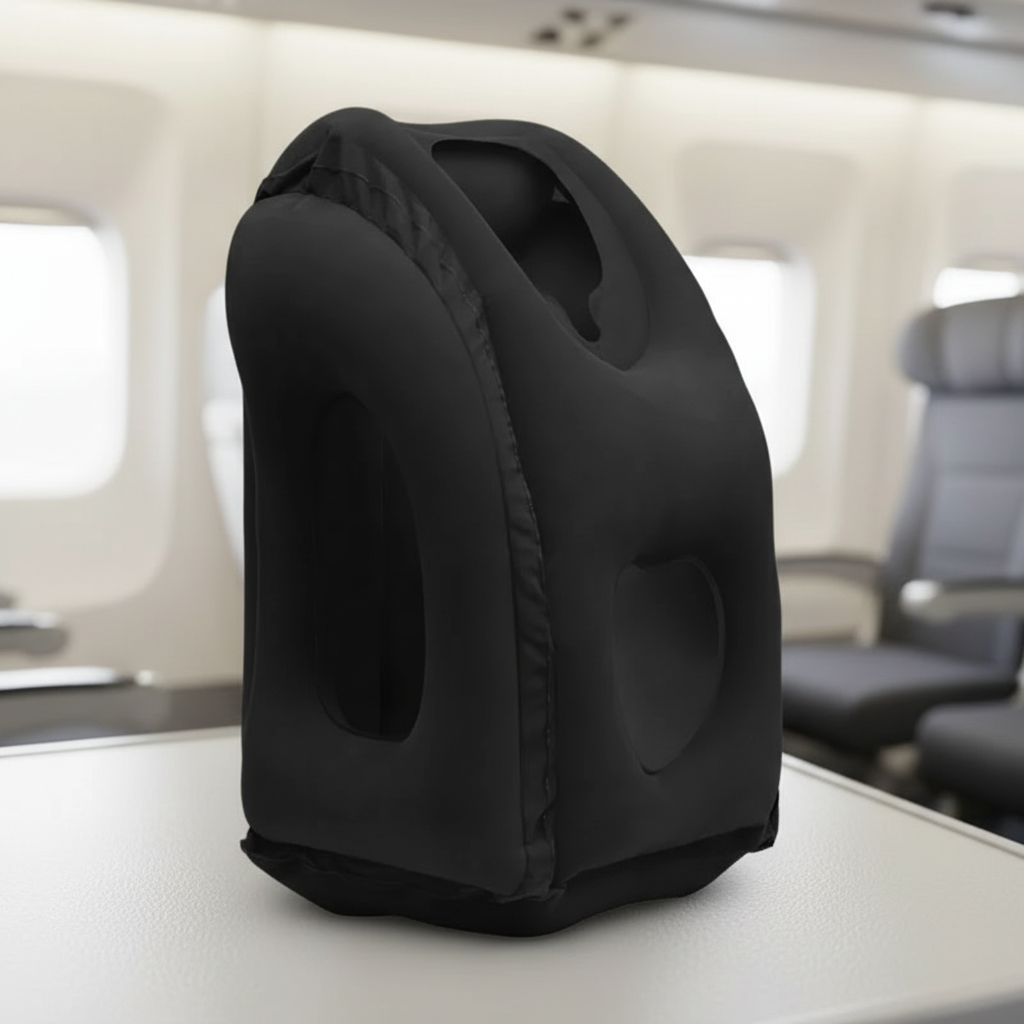 Inflatable travel neck pillow with structured chin support