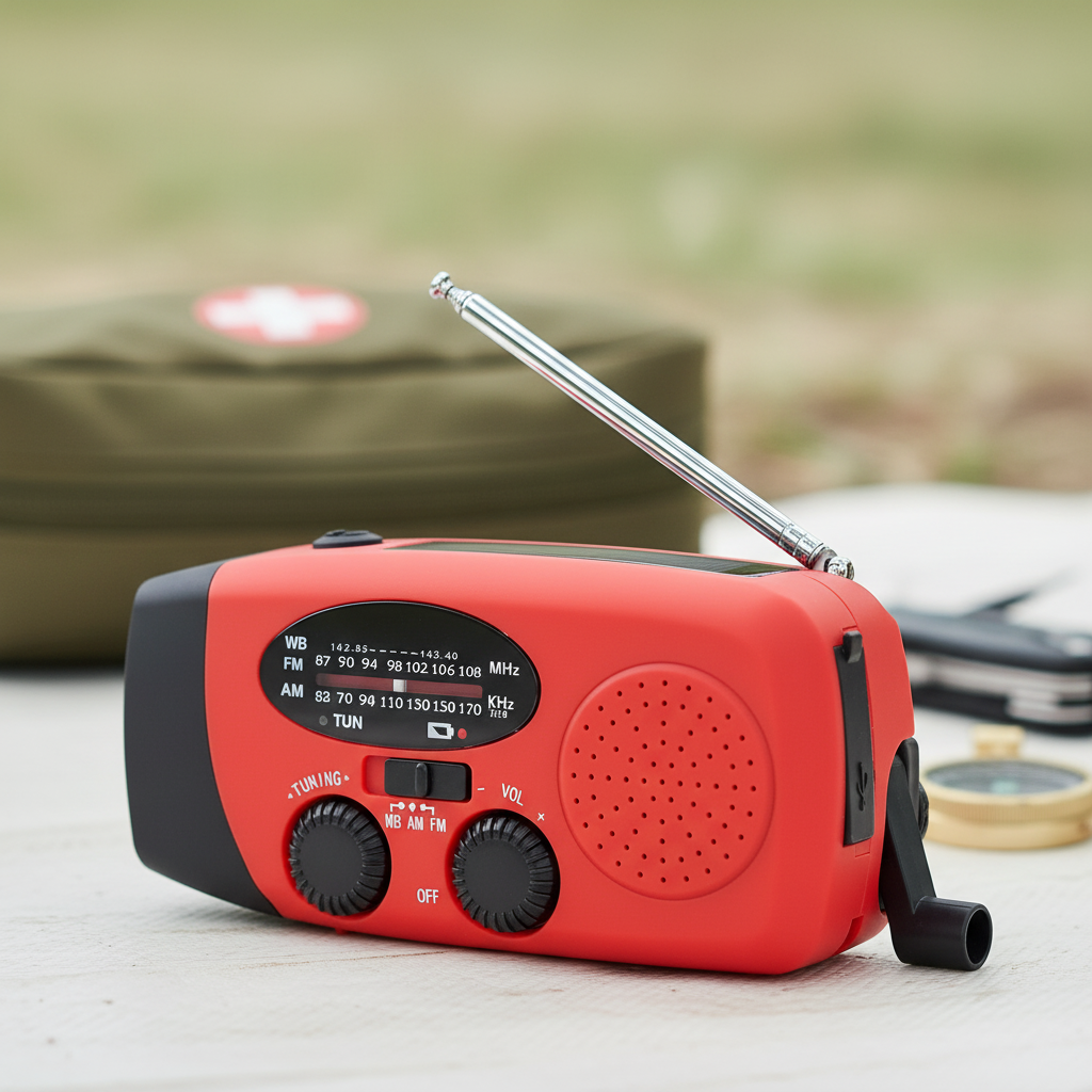 Portable emergency radio with hand crank solar charging and LED torch