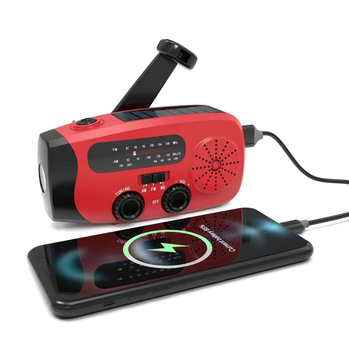 Portable emergency radio with hand crank solar charging and LED torch