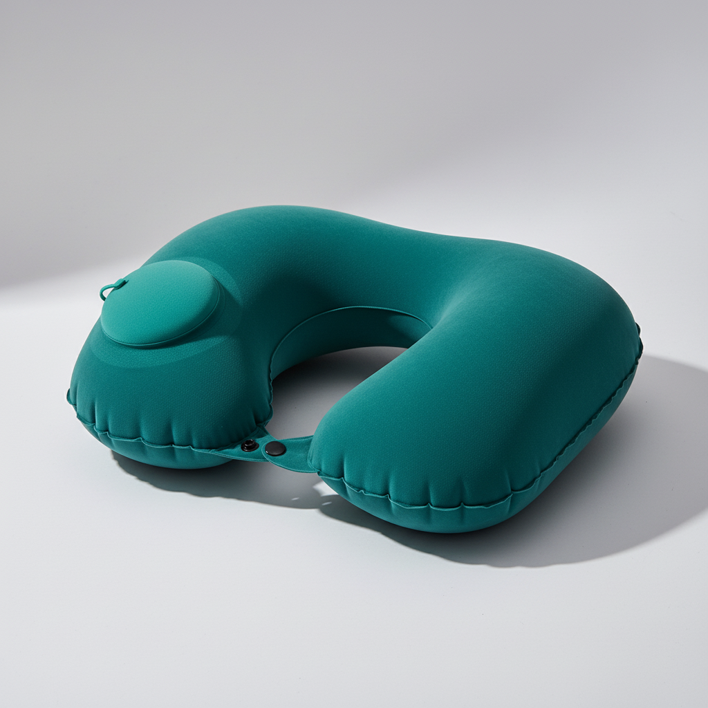U-shaped inflatable neck pillow with one-press inflation and soft polyester cover