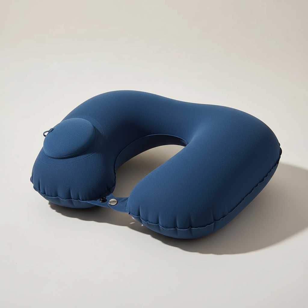 U-shaped inflatable neck pillow with one-press inflation and soft polyester cover