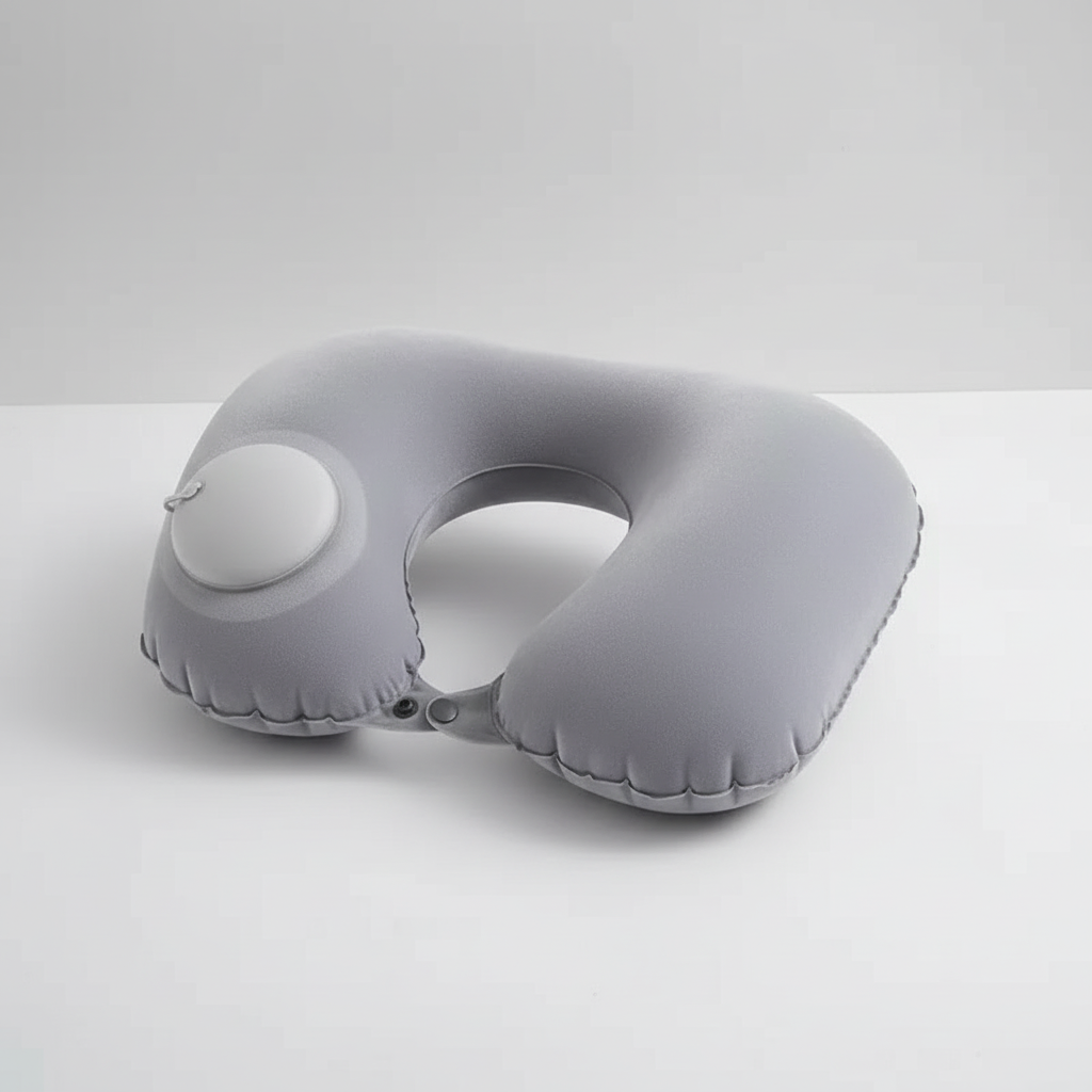 U-shaped inflatable neck pillow with one-press inflation and soft polyester cover