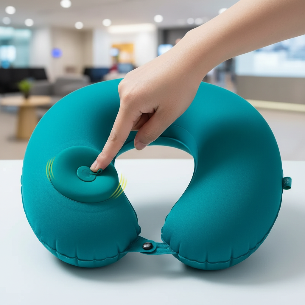 U-shaped inflatable neck pillow with one-press inflation and soft polyester cover
