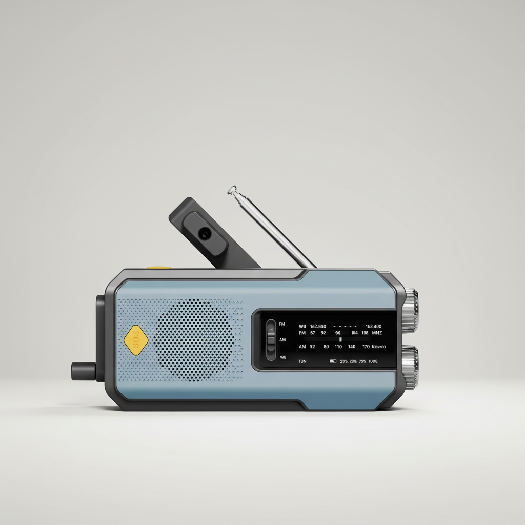 Emergency radio with solar charging, hand crank, USB power bank and LED torch