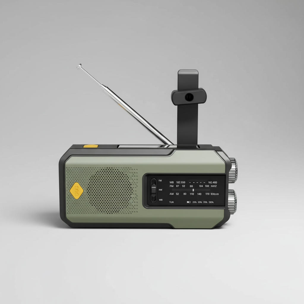 Emergency radio with solar charging, hand crank, USB power bank and LED torch