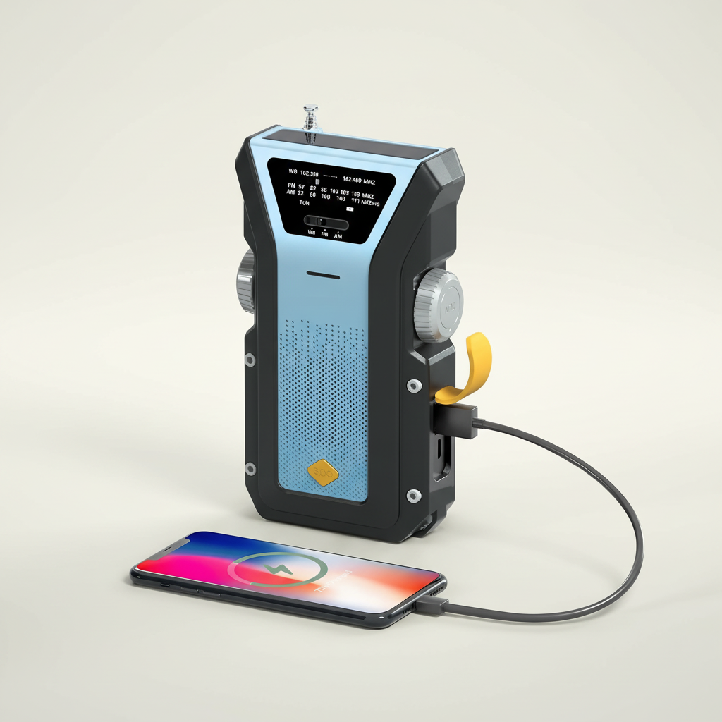 Emergency radio with solar charging, hand crank, USB power bank and LED torch