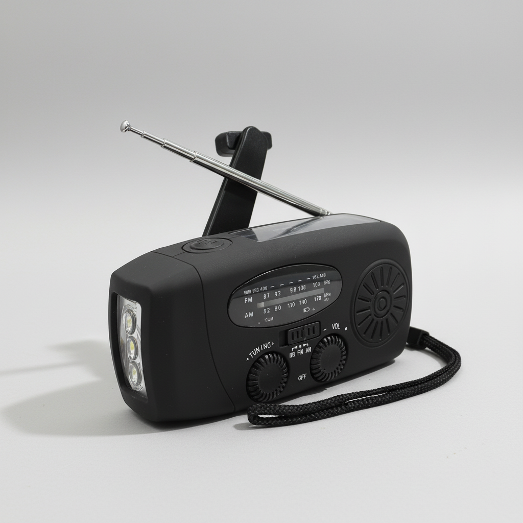 Emergency radio with solar charging, hand crank, USB power bank and LED torch