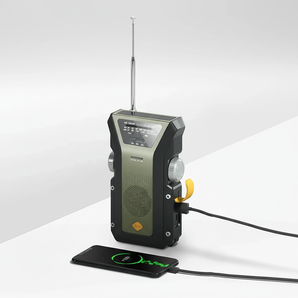 Emergency radio with solar charging, hand crank, USB power bank and LED torch