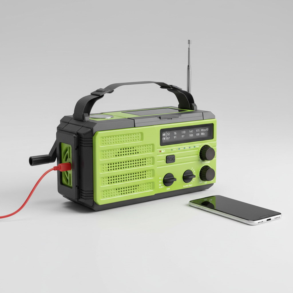 Emergency radio with solar charging, hand crank, USB power bank and LED torch