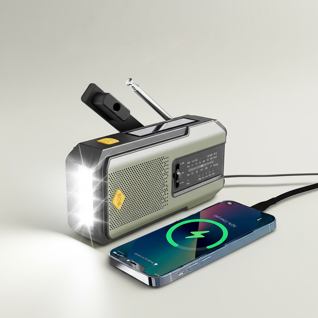 Emergency radio with solar charging, hand crank, USB power bank and LED torch