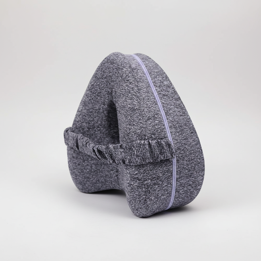 Contoured side sleeper hip alignment pillow with elastic strap