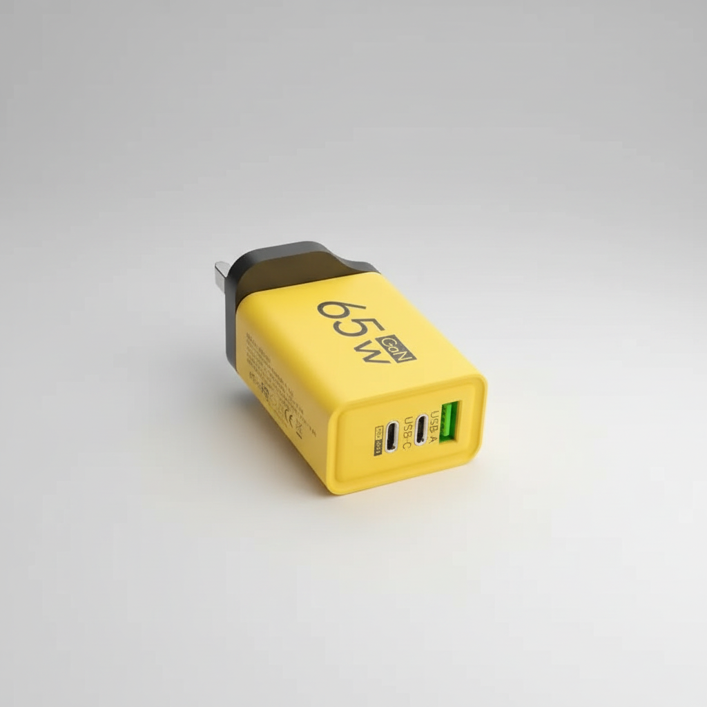 Compact 65W GaN fast charger with dual USB ports for phones and laptops