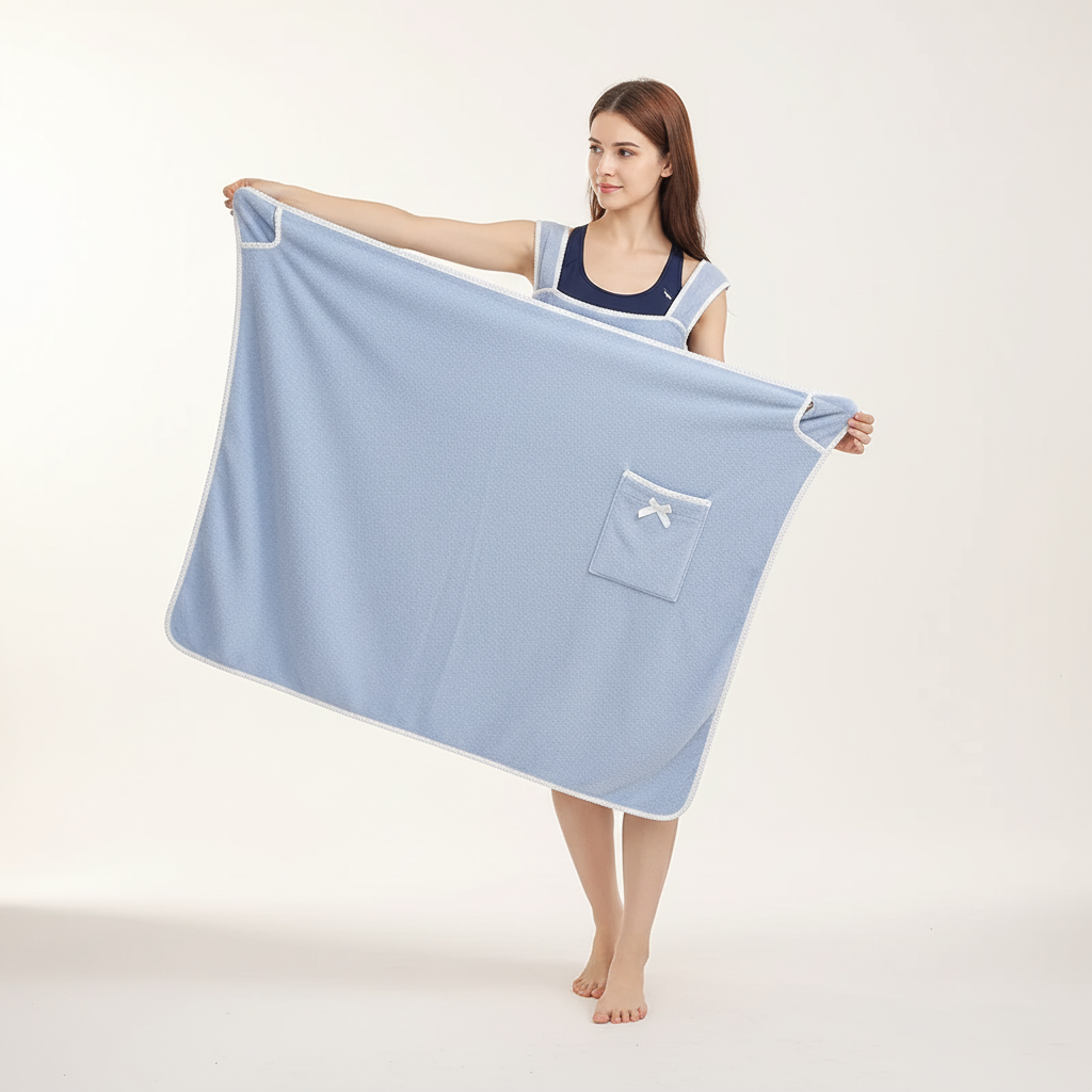 Wearable bath skirt wrap with shoulder slots and pocket