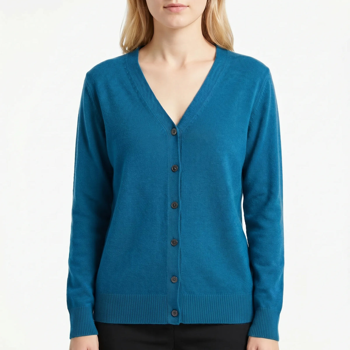 Women's V-neck cardigan with fine knit construction and button-up front
