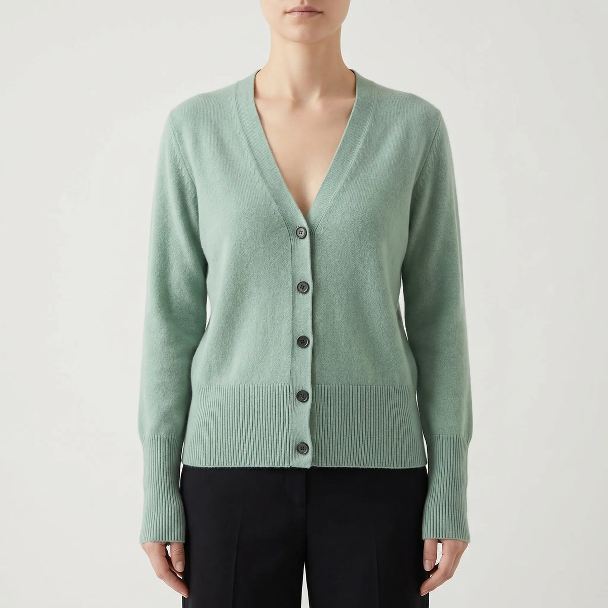 Women's V-neck cardigan with fine knit construction and button-up front