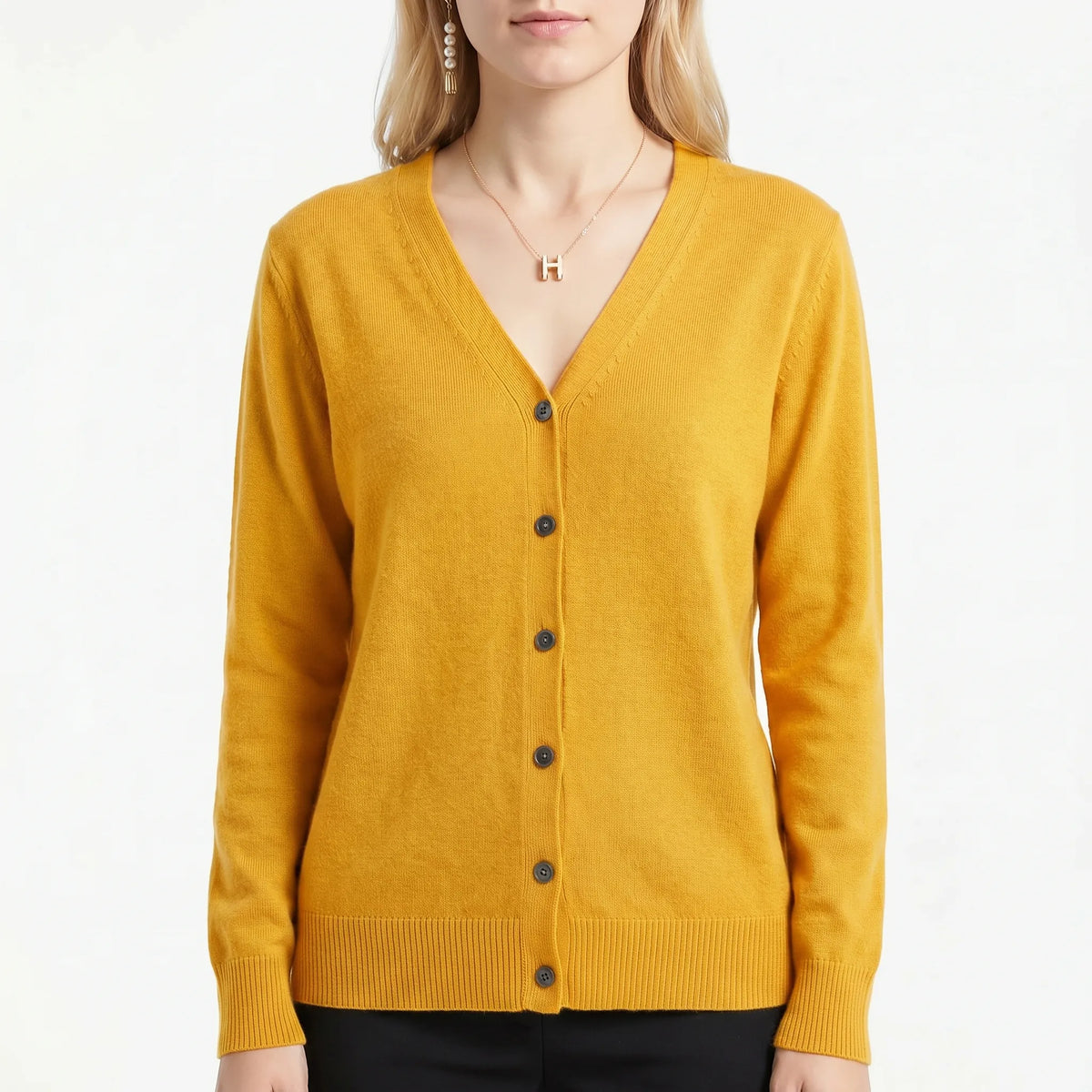 Women's V-neck cardigan with fine knit construction and button-up front