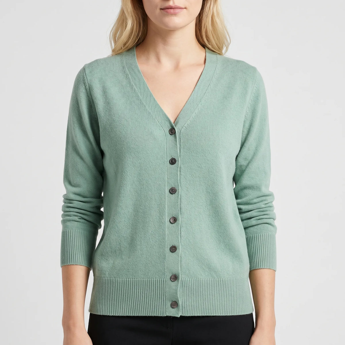 Women's V-neck cardigan with fine knit construction and button-up front